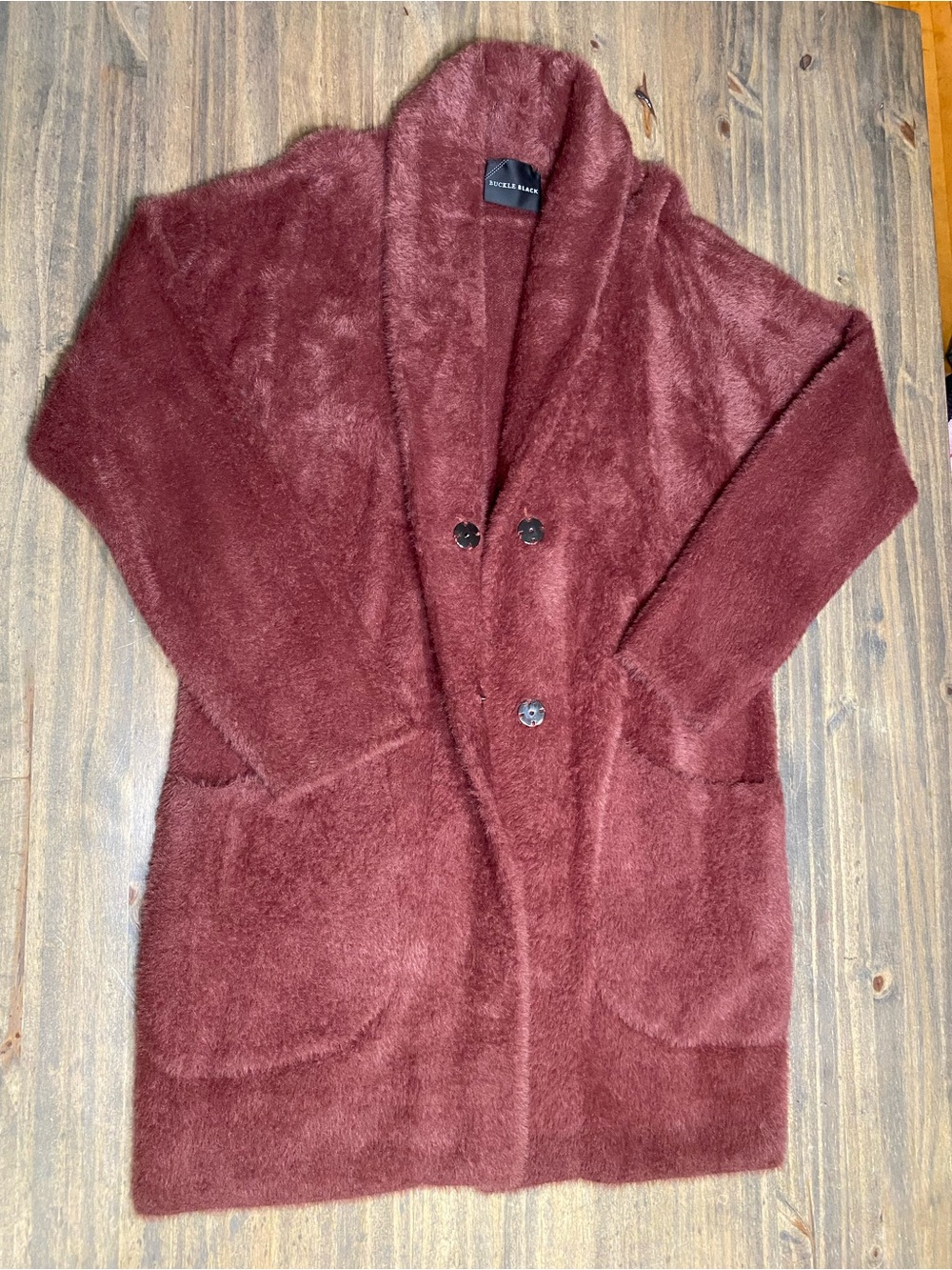 Buckle Plush Teddy Open-Front Jacket in Deep Burgundy